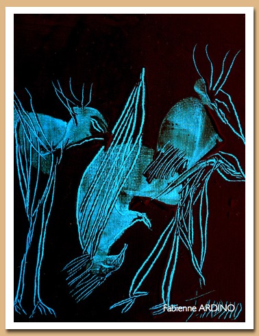 les oiseaux bleue 14 X 17 fixé sur toile blanc 46 X 38 tech mixte 